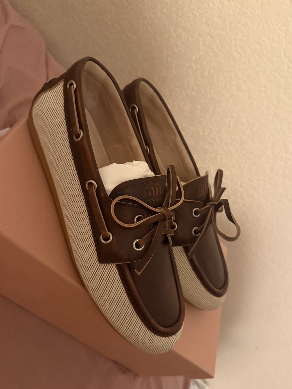 Miu Miu Canvas and Bleached Leather Boat Shoes. Brand New